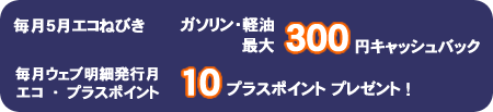 毎年5月エコねびき　ガソリン・軽油…最大300円キャッシュバック　毎月ウェブ明細発行月エコ・プラスポイント　10プラスポイント　プレゼント！